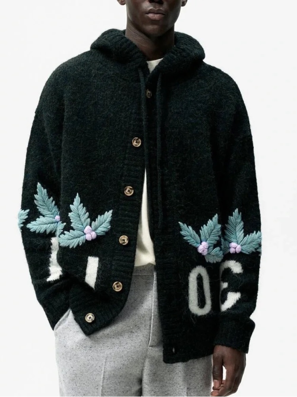 Zara Hunter Green Hooded Knit Cardigan Pastel Leaf Embroidery Joy Holiday Unisex